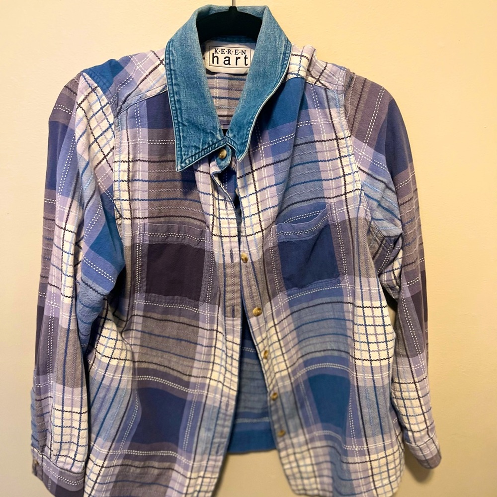 Closet CLEAROUT VTG Keren Hart plaid shirt  & 2 front pocket/ denim collar - 2x